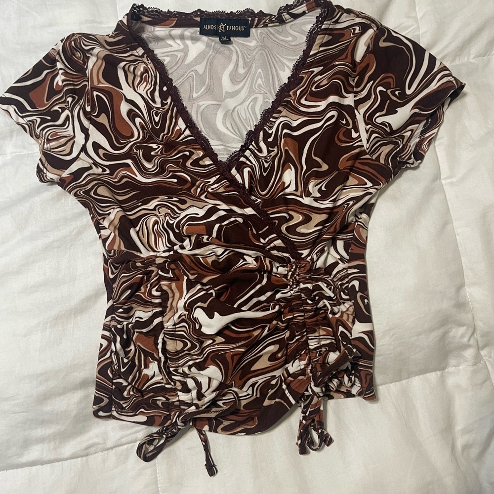 Apostrophe Brown and White Wrap Blouse with Tie Front